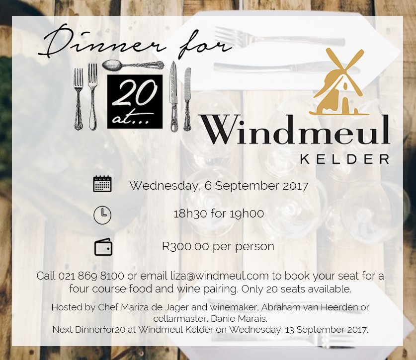 CapeWineFarms's tweet photo. Join us at @WindmeulKelder - 6 Sept for a #Waterblommetjie inspired #wine 🍷& #food 🥗 pairing prepared by Chef Mariza de Jager @ #DinnerFor20 https://t.co/WP8SHdmNdT