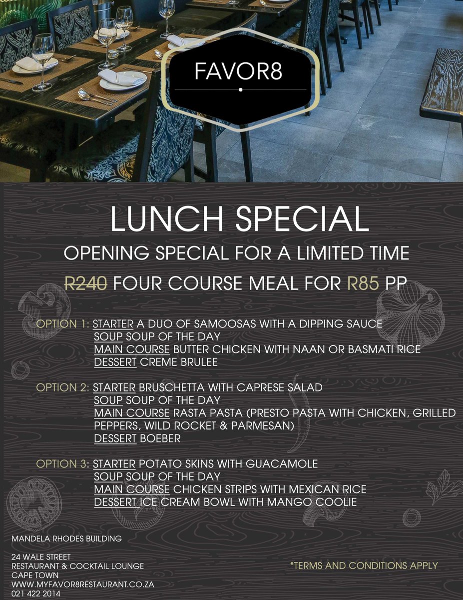 MyFavor8Res's tweet photo. Don't forget about our lunch time special! It's worth every cent! #Lunchtime #4coursemenu #CapeTown #R85 https://t.co/2uS2lum4iU