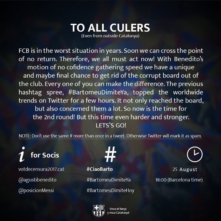 XaviEdition's tweet photo. Please spread the word, let’s save our club!
#CiaoBarto
#BartomeuDimiteYa
#BartomeuDimiteHoy https://t.co/thXuRmCCIU