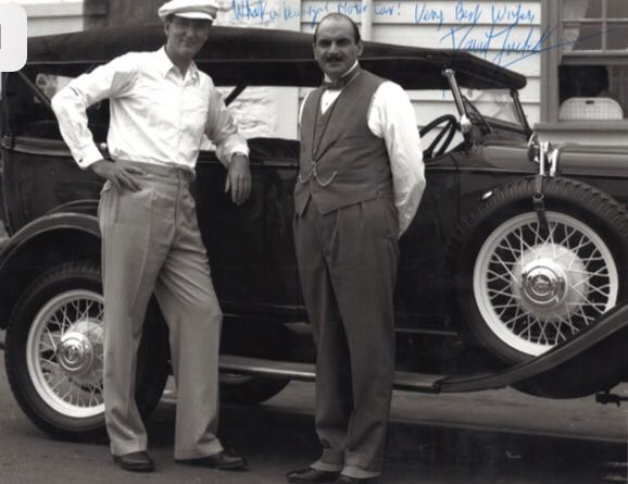 I Say! Our famous Chevy looking wonderful with Poirot &amp; Hastings.  #blastfromthepast <a href="/DeerParkHotel/">Deer Park Hotel</a> #Media #agathachristie #TVseries