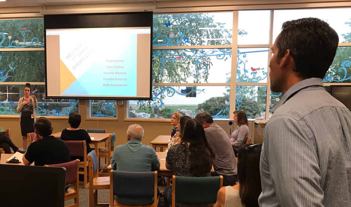 BVMSLMC's tweet photo. 6th, 7th, and 8th Guided Study teachers present to parents in library at Back To School Night with library media specialist. #Libraryhub https://t.co/xmLjmXcy4u