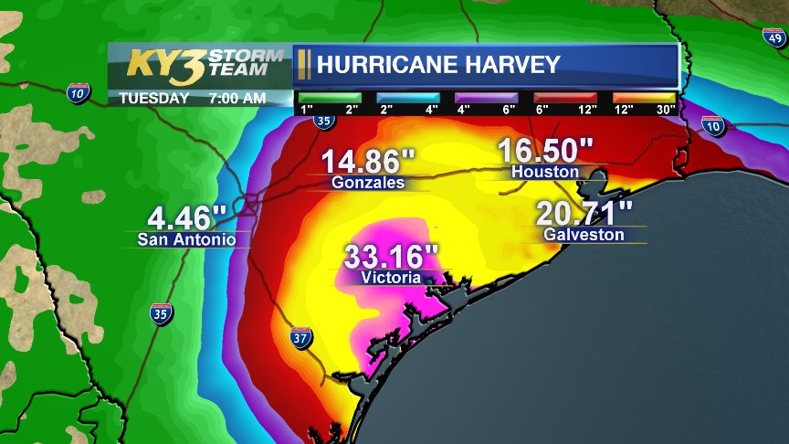 brandonbeckky3's tweet photo. #Harvey's disaster for #Texas will be from #flooding.  FEET of rain could fall as the storm stalls through Monday. https://t.co/qzbFJhxPOe