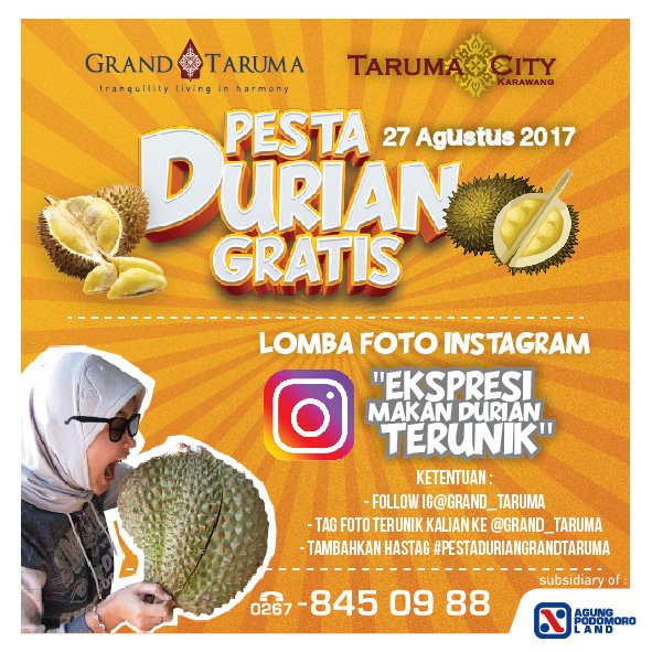 grandtaruma's tweet photo. datang dan Nikmati "Pesta Durian Gratis" 27 agt 2017 Marketing Gallery Grand Taruma, #jelang48apg #apg #apl #agungpodomoro #bangunindonesia https://t.co/wClVeNPDsb
