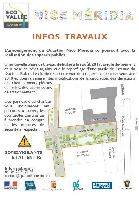 #InfoChantier Modifications de circulation à prévoir à la hauteur de l’avenue du Dr Robini en raison de travaux d’aménagement #NiceMeridia