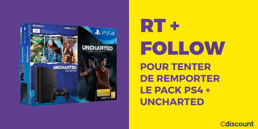 Cdiscount's tweet photo. 🎁 #Concours

🎮 Pack PS4 + 4 jeux #Uncharted ➝ https://t.co/HG4T4lkv1v

🚀 Pour participer : 
RT + Follow @Cdiscount

🏁 TAS 05/09 https://t.co/PtkPlAUu0l