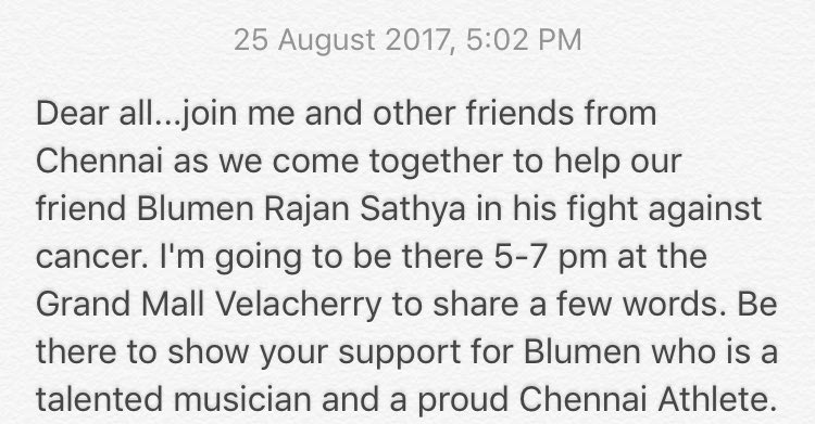 Ongoing crowdfunding link to support Chennai athlete & musician Blumen get the treatment he needs: bit.ly/2vmq25b