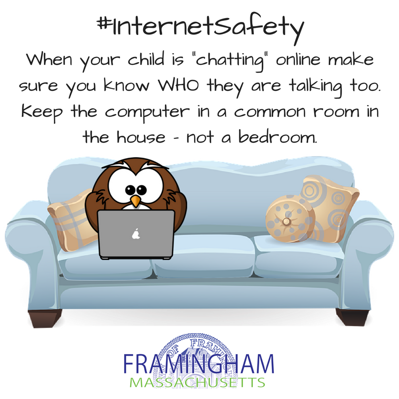 Framingham_MA's tweet photo. When your child is "chatting" online know WHO they are talking to. Keep the computer in a common room in the house. #InternetSafety https://t.co/WdJLq6PWHs