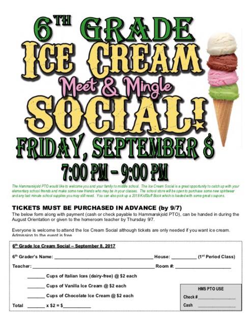 HMS PTA is calling all 6th graders, come out on September 8th for some ice cream and socialize with your fellow classmates.