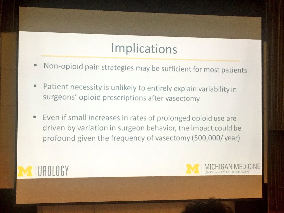 JuanJAndino's tweet photo. Prescribing patterns after vasectomy. Our Danish colleagues? No opioids in this setting. @UMichUrology #CopMich17 https://t.co/CaVKkf2Cd3
