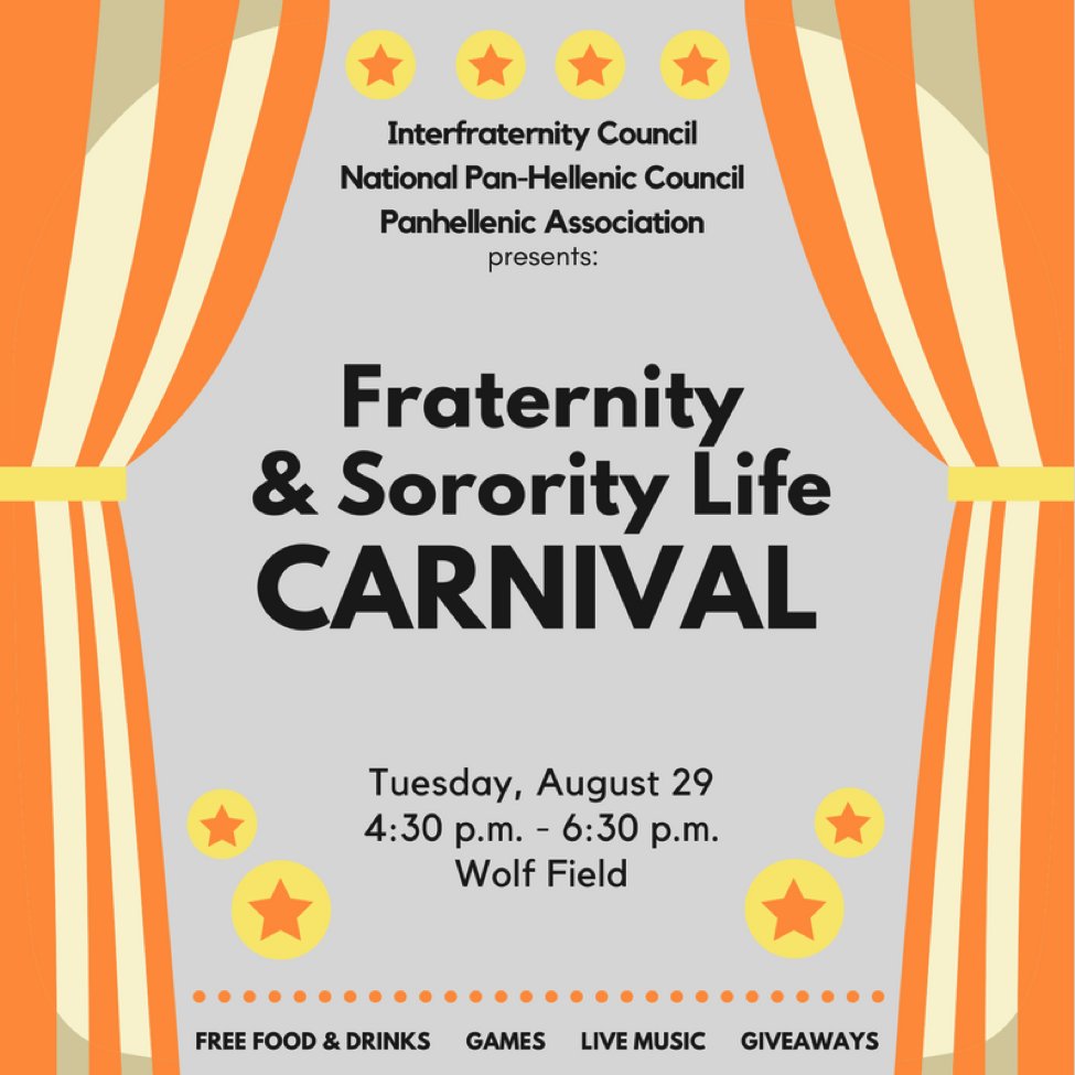IndStateFSL's tweet image. Come one! Come all! Join us this upcoming Tuesday at Wolf Field to meet all of Fraternity &amp;amp; Sorority Life 🎪