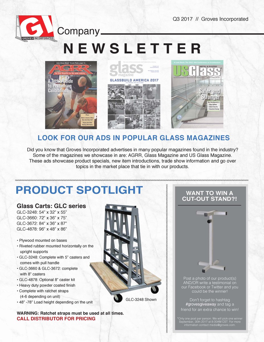 GrovesInc's tweet photo. Q3 Glass Newsletter from Groves! #grovesinc #glasshandling @AGRRmagazine @GlassMag @GlassBuild @USGlass #grovesgiveaway https://t.co/5QcuWQESf8