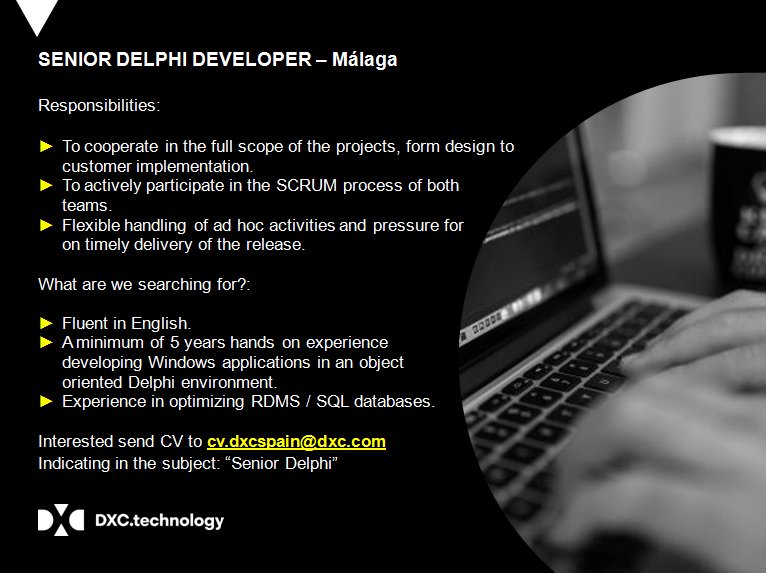 DXCempleospain's tweet image. Do you have experience developing #WindowsApplications?
We need you in #Málaga! 👏
#DelphiDeveloper
👉 bit.ly/2uUahCq