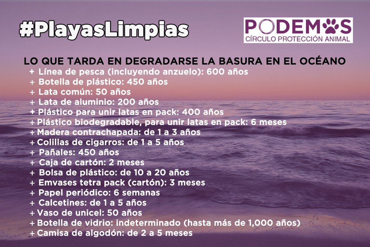 PodemosP_Animal's tweet photo. ¿Sabes cuánto tiempo tardan las cosas en degradarse en el océano?
 #PlayasLimpias 🏖🌊 https://t.co/uFZOsTInVz