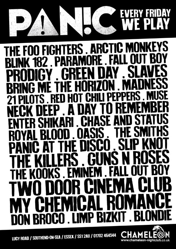 Panic  #Southend  / #Friday / #indie #poppunk #metal #hiphop #drumandbass
 DJ <a href="/ianpunter_dj/">ian punter</a>  <a href="/ChameleonSEnd/">Chameleon Nightclub</a>