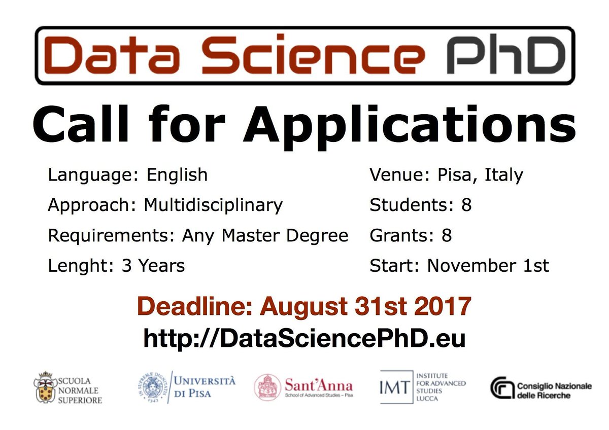 Last days: #CallForApplication for the #PhD program in #DataScience, open for students of all disciplines
Deadline: August 31st
#BigData