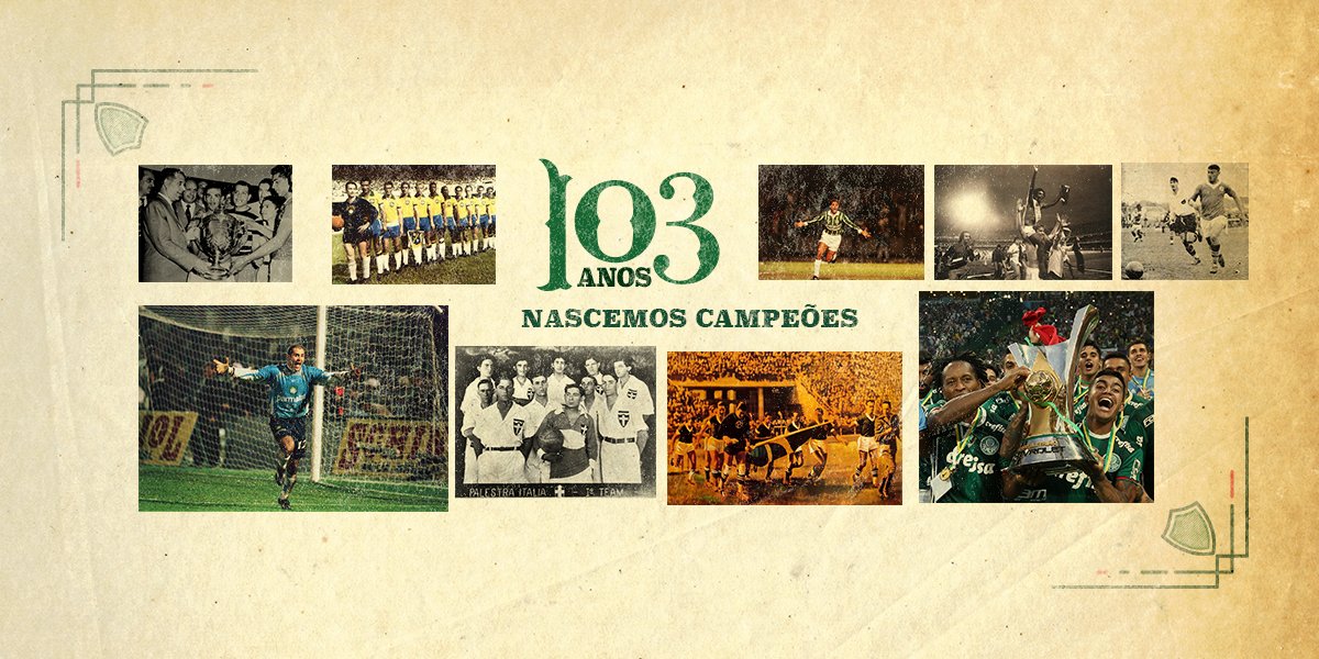 1 Mundial
1 Libertadores
1 Mercosul
9 Brasileiros
3 Copas do Brasil
1 Copa dos Campeões
5 Rio-São Paulo
22 Paulistas
#Palmeiras103Anos