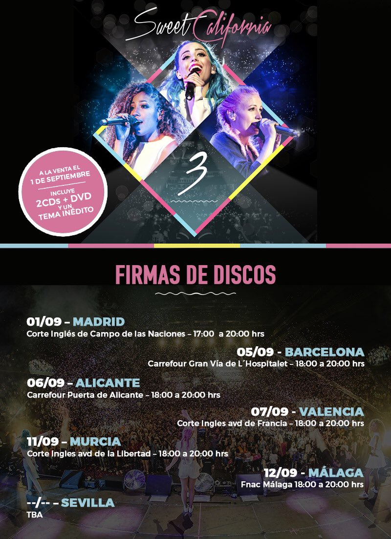 SweetCalifornia's tweet photo. ¿Quién se viene de firmas en septiembre?Os esperamos a tod@s en Madrid,Barcelona, Alicante,Valencia y Sevilla(Pronto información completa) https://t.co/pOGJ1W96Ea