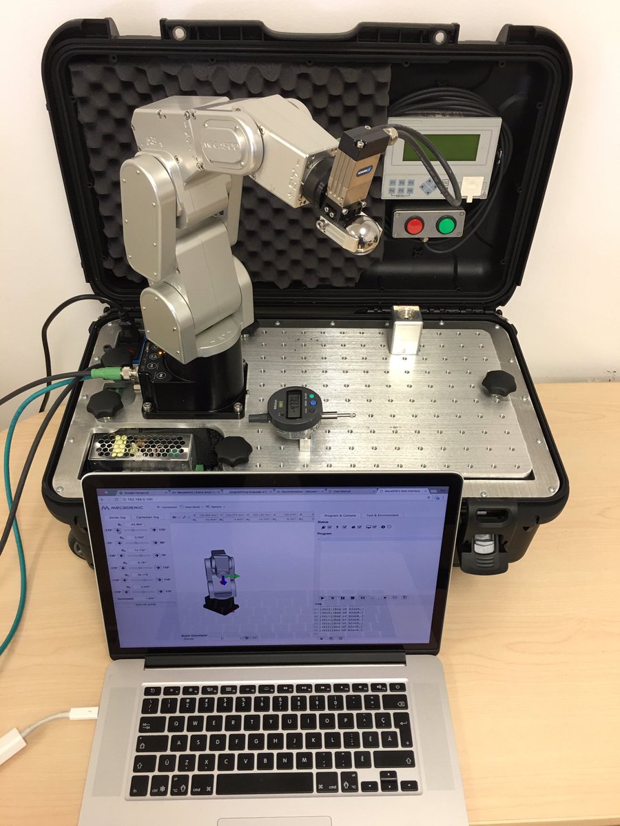 Mecademic's tweet photo. Meet our new ultra-portable demo unit. A robot, a gripper, a power supply, a PLC, an HMI and accessories, all that in a briefcase. https://t.co/G5QhxMKh6e