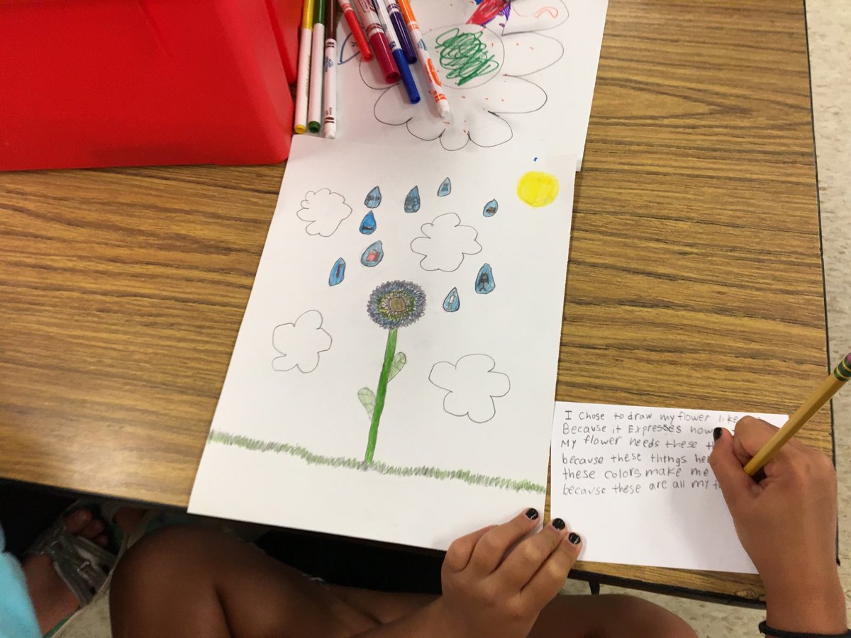Dr_Chalfant's tweet photo. Ms. Lilley’s @Murch3rdGrade class #WritingAboutReading, explaining how their flowers represent what students need to grow #WeAreMurch https://t.co/eQDZAMgKIA