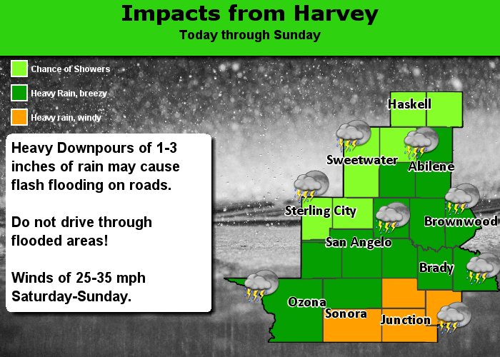 NWSSanAngelo's tweet photo. Potential impacts from Harvey. Brief heavy downpours the main concern. #sjtwx #txwx https://t.co/CveO4c3Pvh