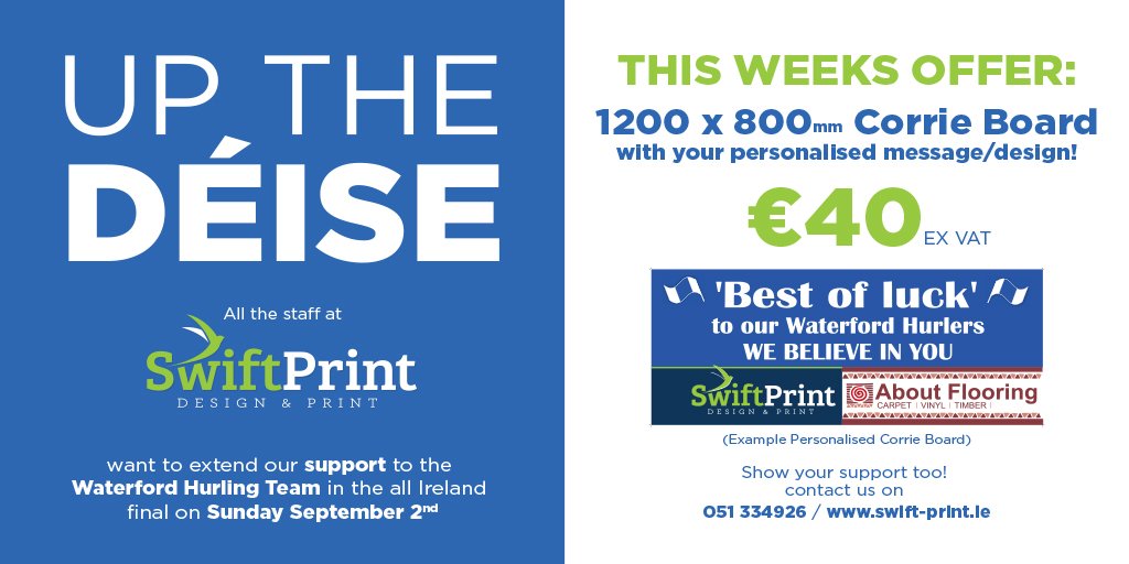 SwiftPrint_'s tweet image. Show your support for the boys in blue with this offer at Swift Print! #upthedeise #upwaterford #waterfordsupport #deisebanter #waterfordgaa
