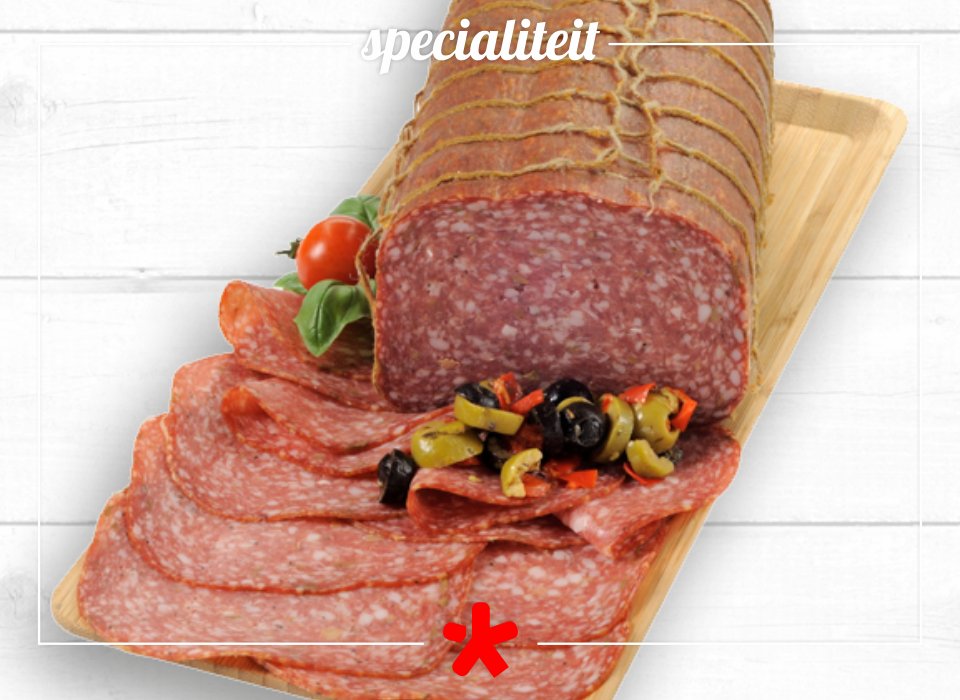 VAVGroep's tweet image. Een heerlijke #Duitse #specialiteit: Olivia l'Aroma. Deze half grove #cervelaat bevat groene #olijven en doet het goed op de #borrelplank!