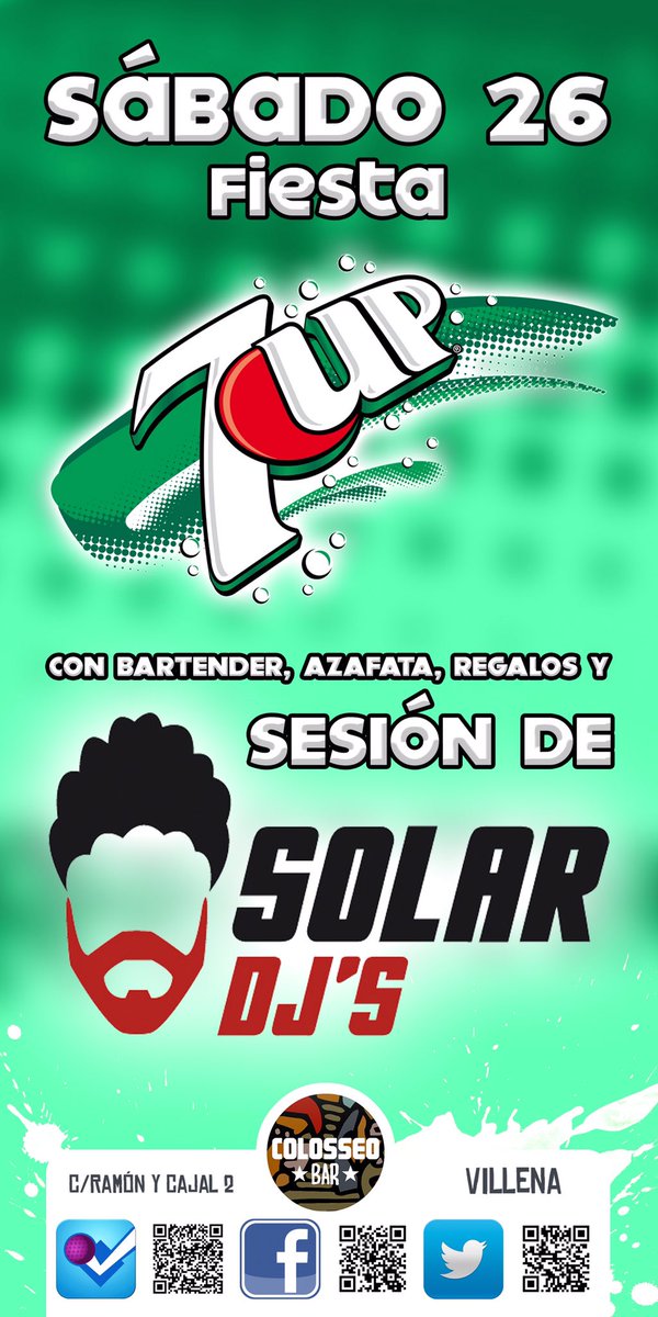 ColosseoBar's tweet photo. Fiesta @7UP en @ColosseoBar con Animadora y Bartender muchísimos regalos y sesión de @SolarDJs #villena #colosseobar https://t.co/qTklc0uWue