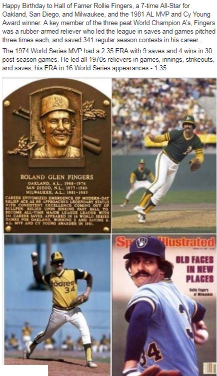 Happy Birthday Rollie Fingers, the greatest \Fireman\ of his era     
