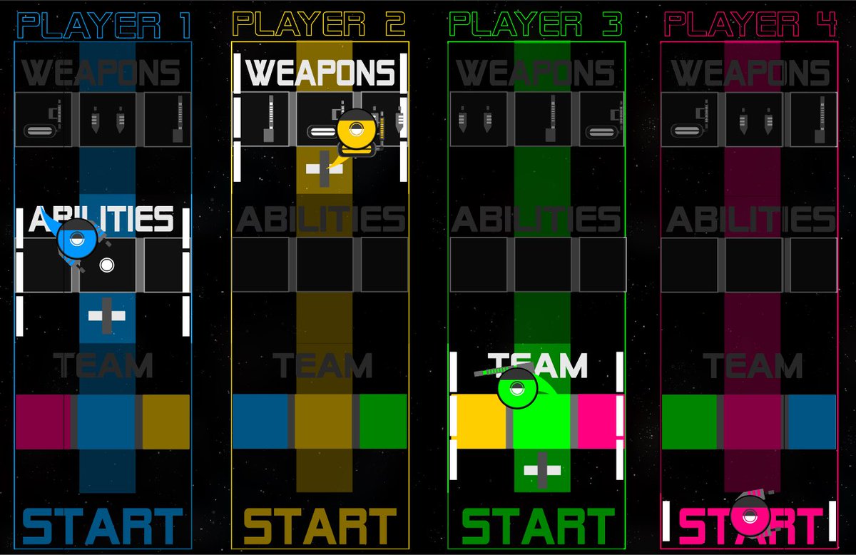 DiscoShips's tweet photo. Prototyping and re-working map/weapon/ability/team select screens. Should clear up confusion for future playtesting! #gamedev #indiedev https://t.co/Qa1UGGFBeE