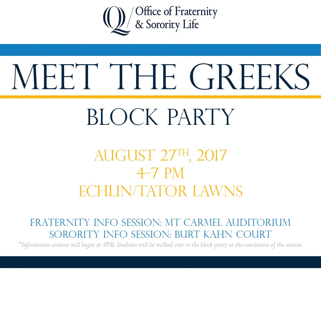 QUFSL's tweet photo. Want to learn more about Greek Life? Join us at the Meet the Greeks Block Party this Sunday! https://t.co/Gjplq2TwfE