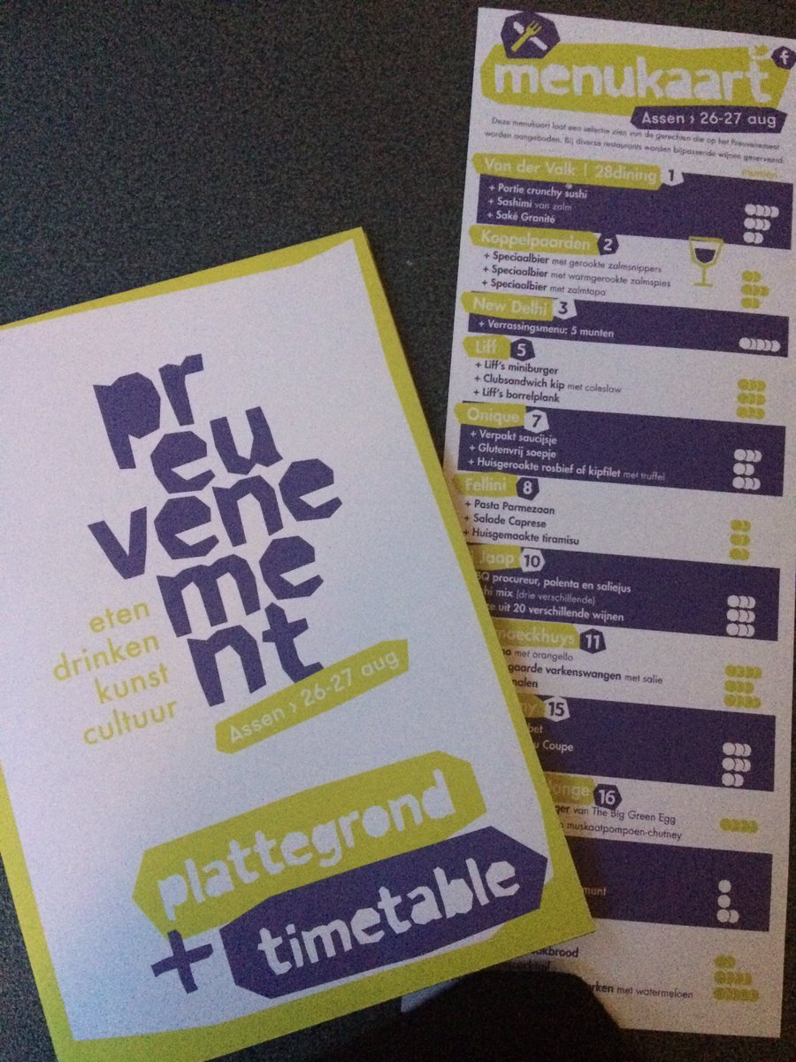 Timetable en menukaart zien er goed uit! Morgen en zondag <a href="/PreuvAssen/">Preuvenement Assen</a> 
Eten, drinken, kunst en cultuur.
<a href="/gouverneurstuin/">GouverneurstuinAssen</a> #Assen