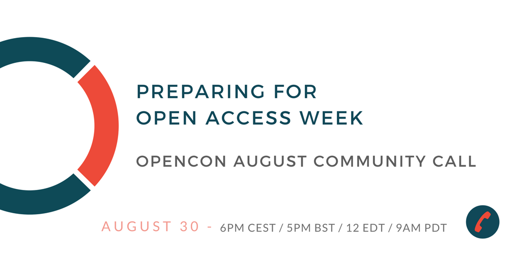 Reminder that this Weds, Aug. 30 we'll be talking about #OpenAccess Week plans during our Community Call! RSVP: opencon2017.org/august_2017_co…