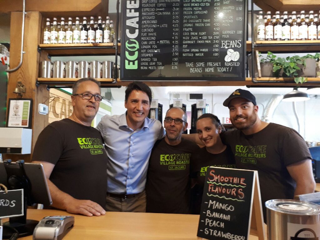 EcoCafeStJacobs's tweet photo. Look who showed up to the cafe today for a coffee! Prime Minister @JustinTrudeau! 😄☕️🇨🇦 https://t.co/XYafOiBHDc