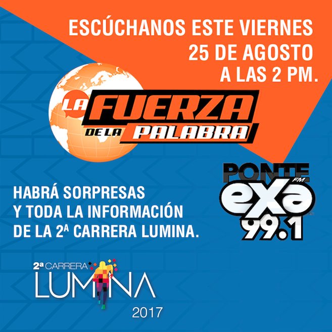LuminaFitUp's tweet photo. #EnVivo en #LaFuerzaDeLaPalabra por @EXASANJUAN: https://t.co/qlB9ICbdok ¡Ya casi es la #CarreraLUMINA2017! Tendremos los detalles. #SJR https://t.co/1wwPq9HYvm