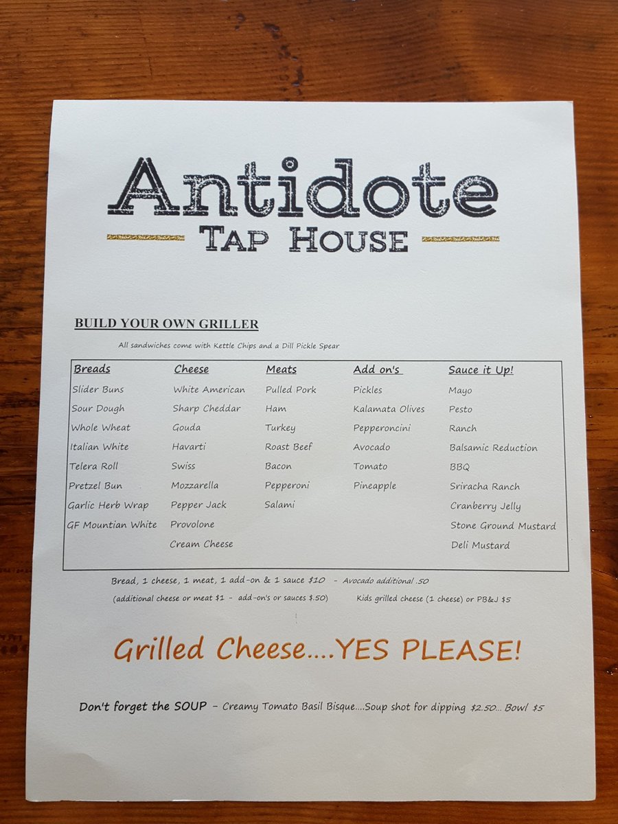 AntidoteTap's tweet photo. Our newly revised menu. Come on in and build your own sandwich! 🍻 https://t.co/roX7282MrK