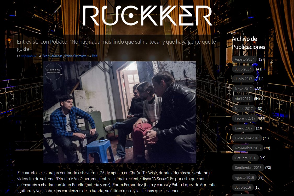 << ENTREVISTA >>
-
POBACO brindó una entrevista en Rückker, de cara a su show de HOY 21hs en CABA.
-
Leela online en ruckker86.com.ar/entrevista-con…