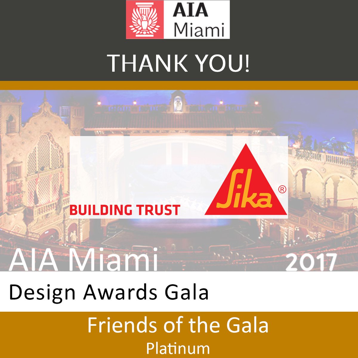 AIAMIAMI's tweet photo. Industry leaders @sika are committed to our #architectural #community. Our sincere #thanks to this #Platinum sponsor of #DesignAwards2017! https://t.co/hXDLQW3BzY