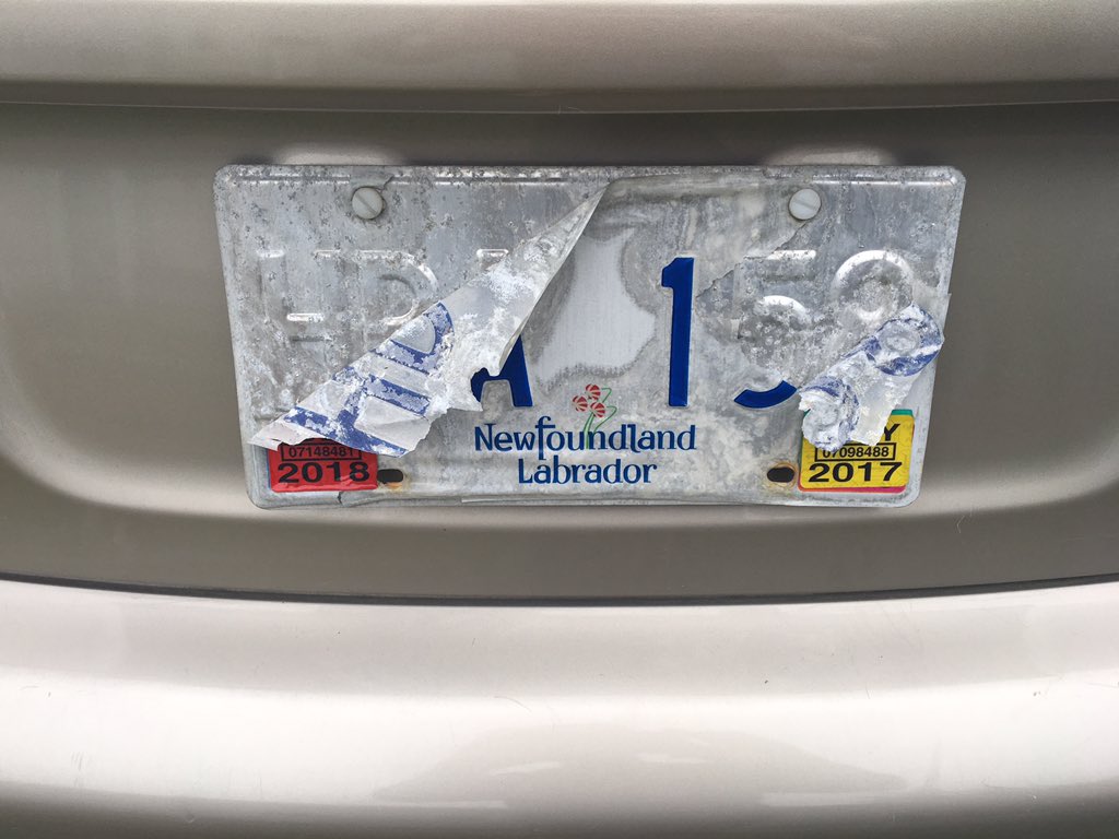 JenColford's tweet image. What's up with the weird peeling license plates? #nlpoli #Gov_NL #nltraffic