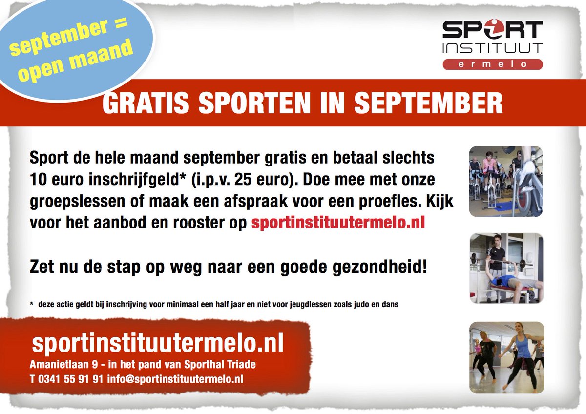SIErmelo's tweet photo. September = open maand. Word NU lid en zet de stap op weg naar een goede gezondheid. https://t.co/qTv9IHCPqa https://t.co/RiSIazr20W