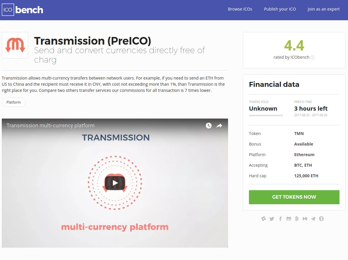 tmisssion's tweet photo. We are pleased to announce that ICObench had rated project Transmission.
https://t.co/yovWCw5OWL
#tmn #ico #ICOtmn #ethereum #presale https://t.co/JRuIaGtzCP