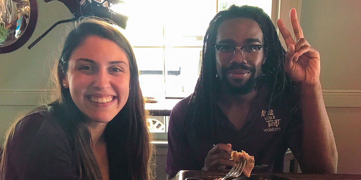 Taylor &amp; Jabari of <a href="/WGNOtv/">WGNO-TV (ABC) New Orleans</a> #NewsWithATwist snacking on our #COOLinaryNOLA menu - check out Taylor's segment w/ Chef tonight at 6pm &amp; 10pm! 🍴