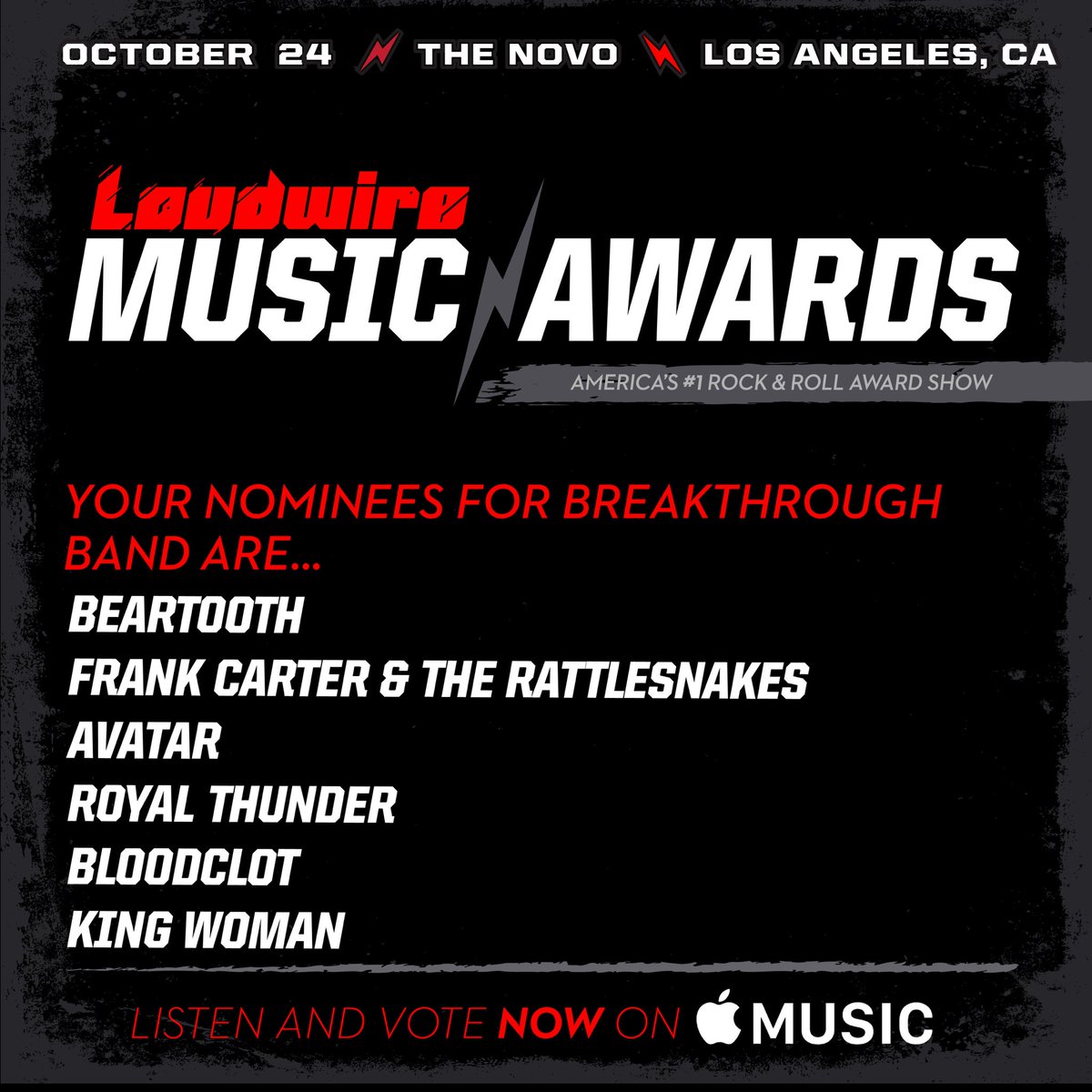Loudwire's tweet photo. Who is deserving of #BreakthroughBand at the #LoudwireAwards? Vote by listening to the nominees on @applemusic at https://t.co/Nn3vbBCfcF 🎧 https://t.co/U5bbdCKXC8
