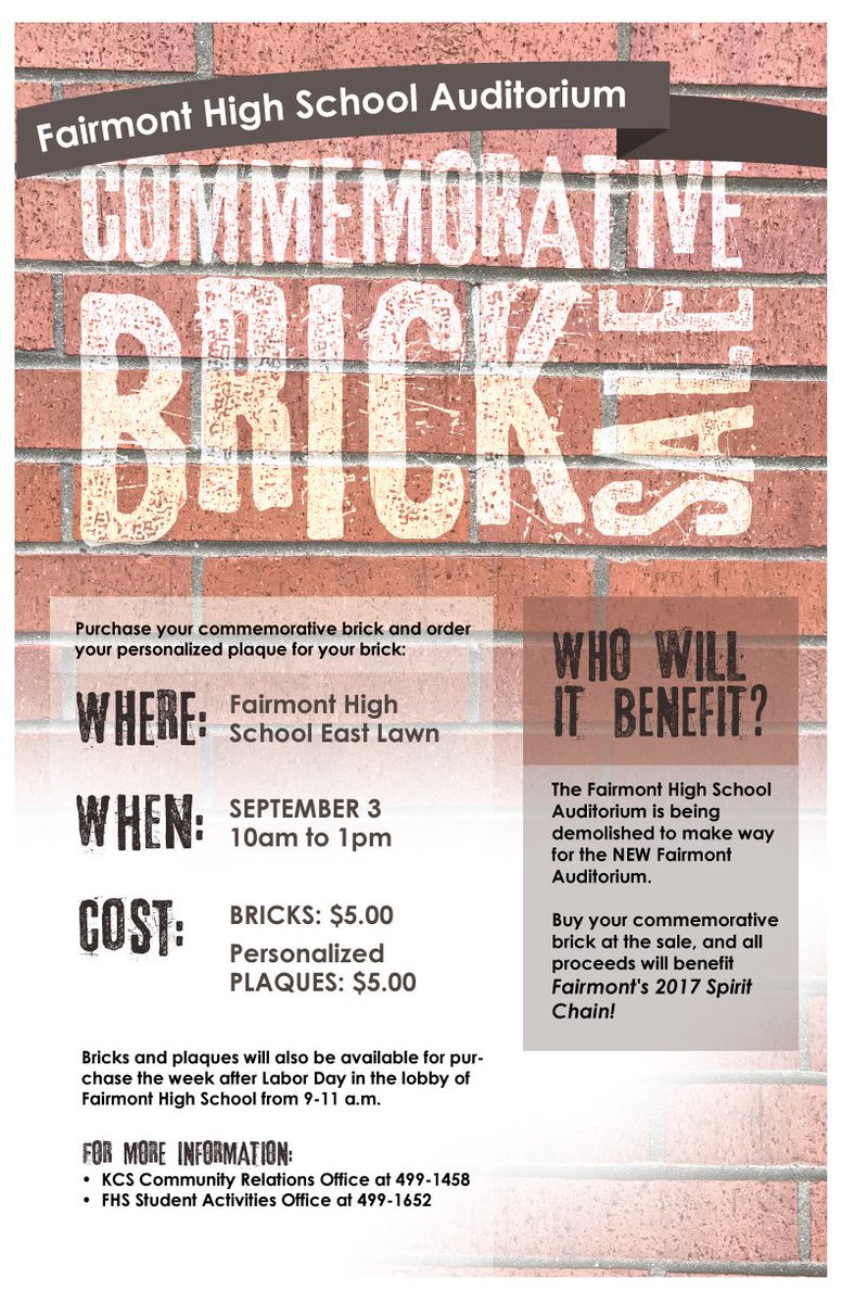 Fairmont Auditorium Commemorative Brick Sale: Sunday, September 3, from 10 am-1 pm on the East Lawn at Fairmont High School. <a href="/KFHSFirebirds/">Kettering Fairmont</a>