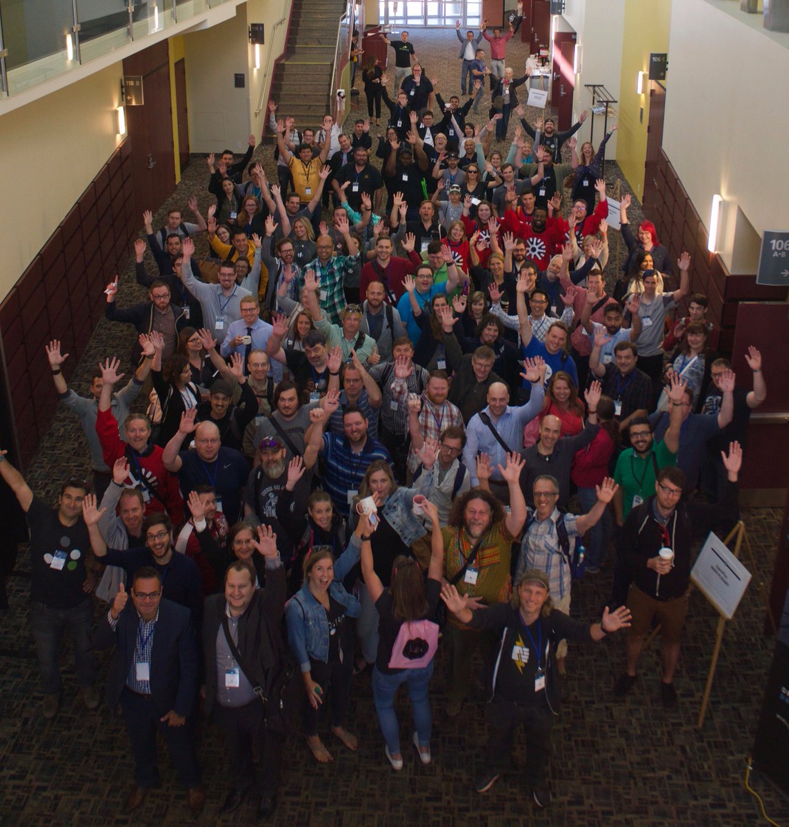 DrupalNorth's tweet photo. Few hiccups but overall a great first day @DrupalNorth Thanks everyone for joining in the group photo - look at those excited faces! #drupal https://t.co/xxZfx1v7Nr