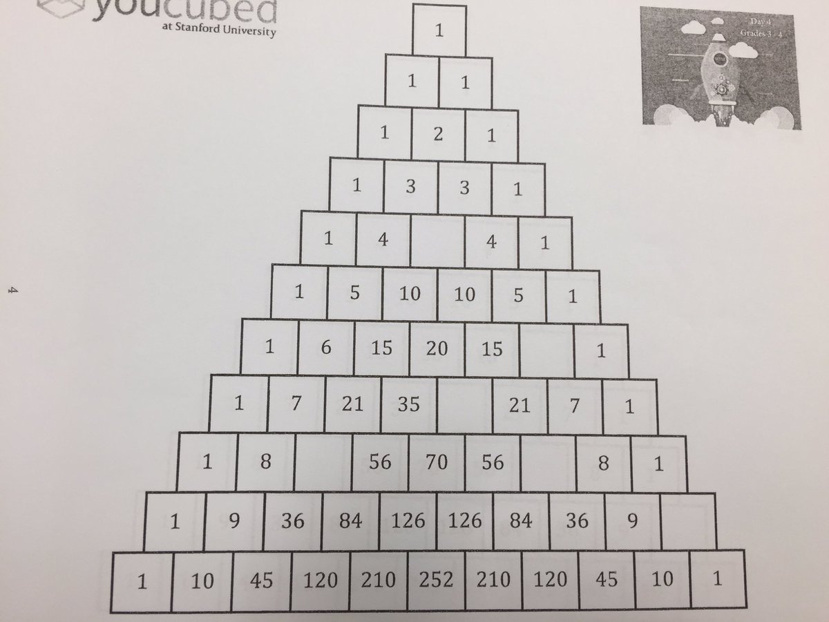 RobWolfpack's tweet image. Ask the Room 32 scholars about Pascal's Triangle! Can YOU find what's missing? #patternhunters #weekofinspirationalmath #youcubed