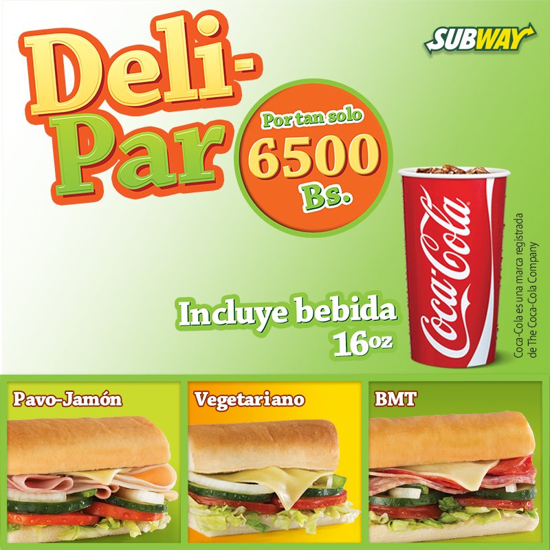 SubwayPzo's tweet photo. ¿Te provoca? Acércate a Subway #TorreColón y/o #CaroníPlaza y por solo Bs.6500 disfruta tu Deli-Par.

De 7:00am a 9:00pm #AltaVista #Pzo https://t.co/MzjKHlx6Jv