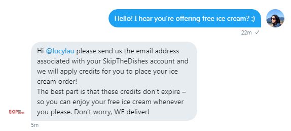 lucylau's tweet photo. .@SkipTheDishes taking the opp to shade @Uber rn: "Don't worry, WE deliver!" #UberIceCream https://t.co/FfcKeVlsHV