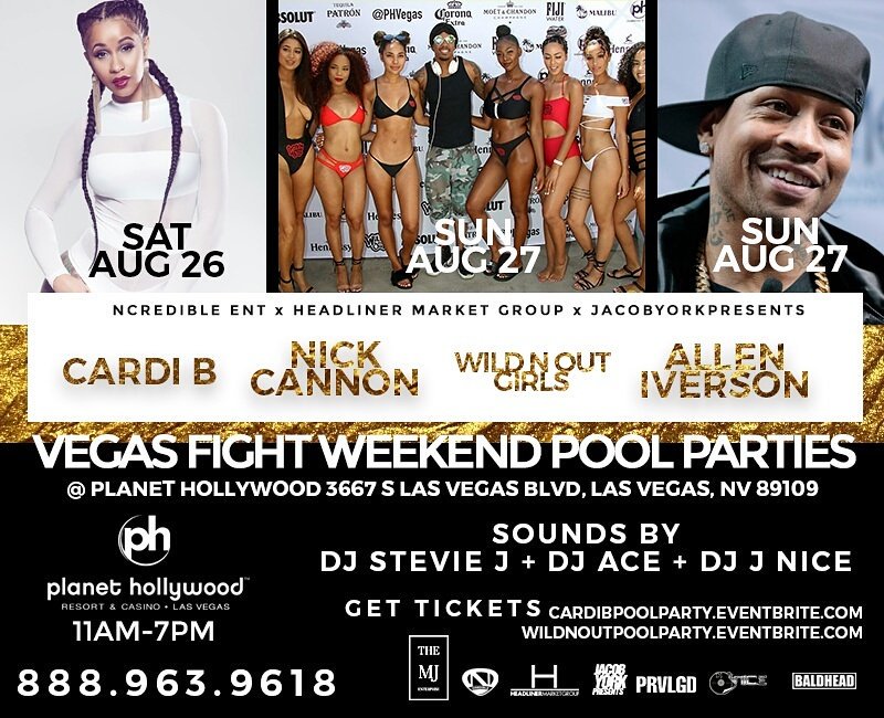 Dahaps's tweet image. VEGAS FIGHT WKND POOL PARTIES! Nick Cannon.Iverson &amp;amp;More! @lasvegas @FightWeekend2017 Planet Hollywood 11-7pm 
wildnoutpoolparty.eventbrite.com/?aff=dahaps
