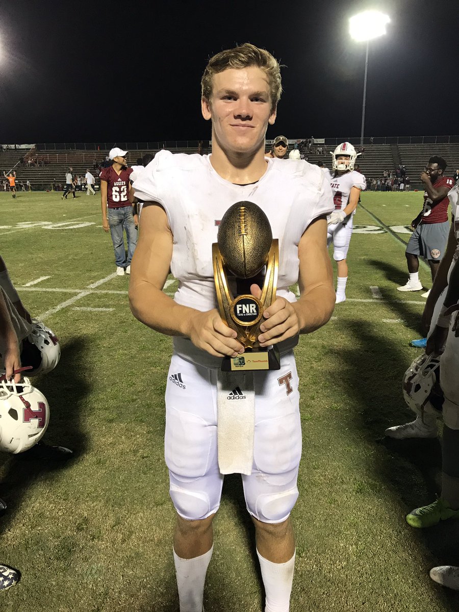 JackalynKovac's tweet photo. Hunter Riggan, 3 (Quarterback) @hriggan2 @TateFootball #PlayeroftheWeek #FNR #WFGX #FLHSFB #WEARSports @weartv https://t.co/yznLHZsZhF