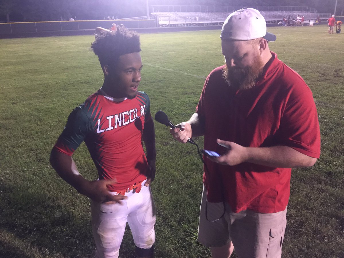 WLCNSports's tweet photo. Railer @TitusCannon3 talks to the media following the @LincolnCommHS @RailersFootball 7-6 win over Macomb https://t.co/fihUC5BHTN